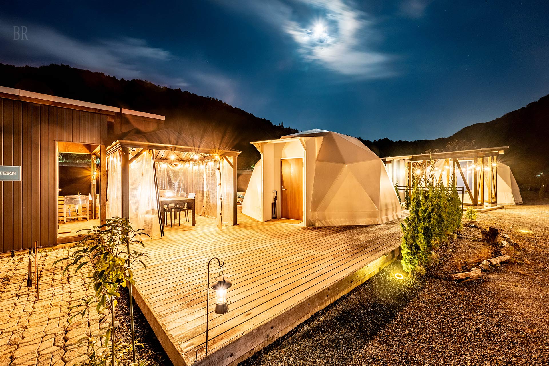 Dome tent illuminated at night